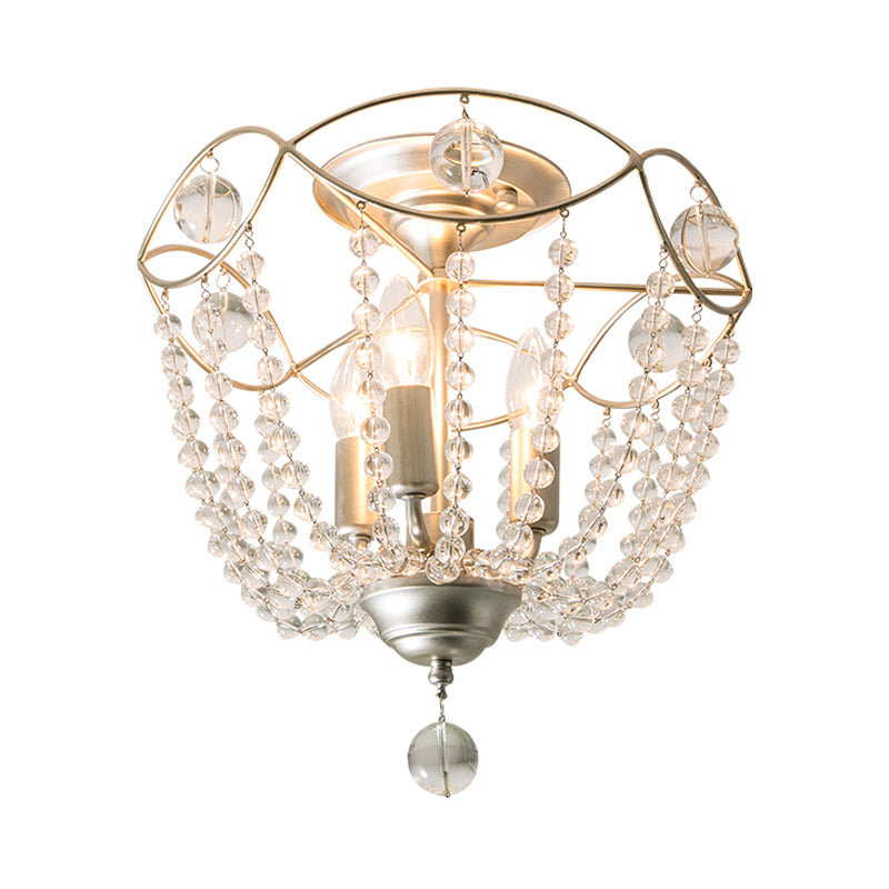 Silver 3 Lights Hanging Light Fixture Traditional Crystal Strand Dome Chandelier Light Clearhalo 'Ceiling Lights' 'Chandeliers' Lighting' options 228309