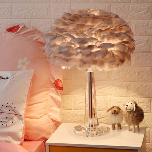 1-Light Bedside Night Lamp Nordic Table Light with Layered Feather Shade and Crystal Accent Grey Clearhalo 'Lamps' 'Table Lamps' Lighting' 2283102