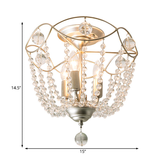 Silver 3 Lights Hanging Light Fixture Traditional Crystal Strand Dome Chandelier Light Clearhalo 'Ceiling Lights' 'Chandeliers' Lighting' options 228310