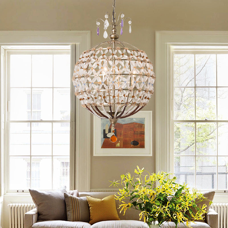 Champagne Globe Frame Chandelier Light Traditional Metal 4 Lights Dining Room Hanging Light with Crystal Accent Clearhalo 'Ceiling Lights' 'Chandeliers' Lighting' options 228313