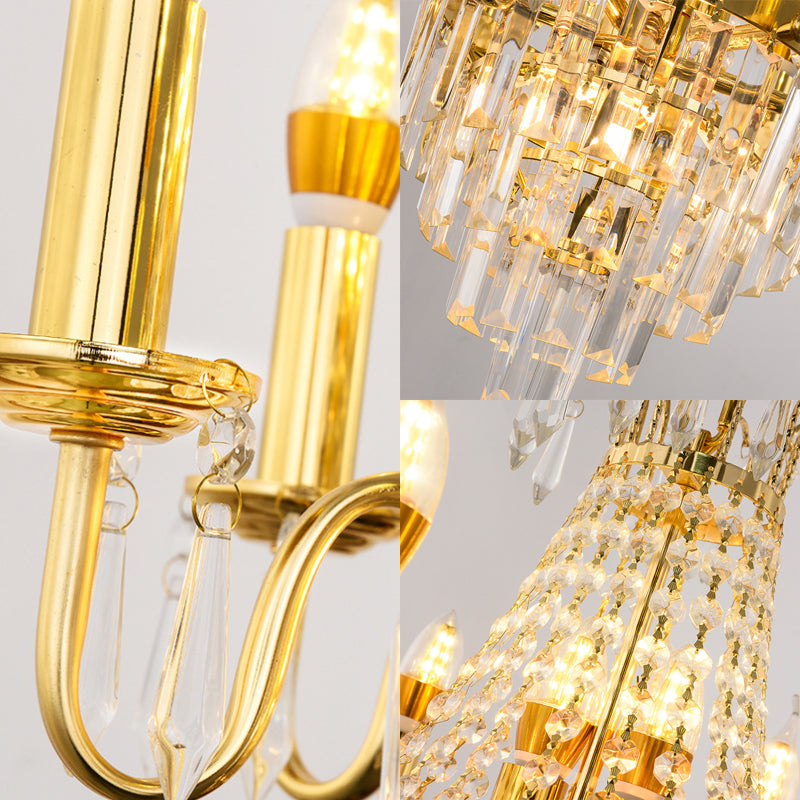 Gold 10 Lights Chandelier Lamp Traditional Metal Candelabra Hanging Light Fixture with Crystal Accent Clearhalo 'Ceiling Lights' 'Chandeliers' Lighting' options 228320