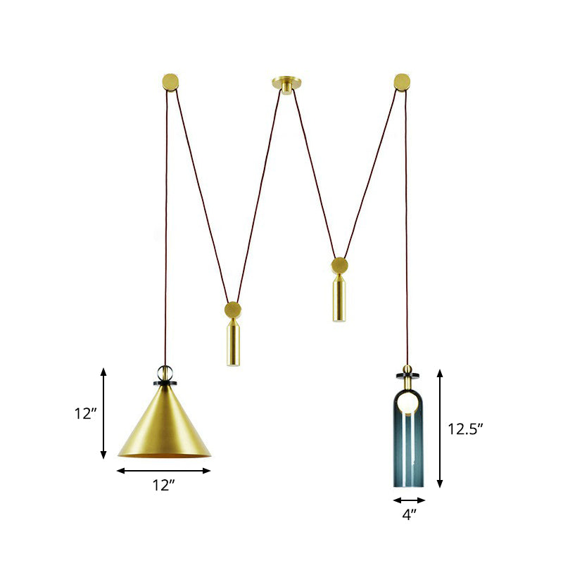 Designer 2-Head Swag Pendant Cone and Elongated Dome Hanging Light with Metal Shade Brass Clearhalo 'Ceiling Lights' 'Modern Pendants' 'Modern' 'Pendant Lights' 'Pendants' Lighting' 2283226