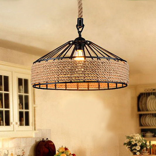 Brown 1-Light Pendant Light Countryside Roped Barn Shaped Hanging Ceiling Light for Bistro Clearhalo 'Ceiling Lights' 'Industrial Pendants' 'Industrial' 'Middle Century Pendants' 'Pendant Lights' 'Pendants' 'Tiffany' Lighting' 2283275