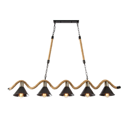 Wavy Hemp Rope Island Light Fixture Rustic Bar Hanging Light with Cone Metal Shade in Black Clearhalo 'Ceiling Lights' 'Island Lights' Lighting' 2283305