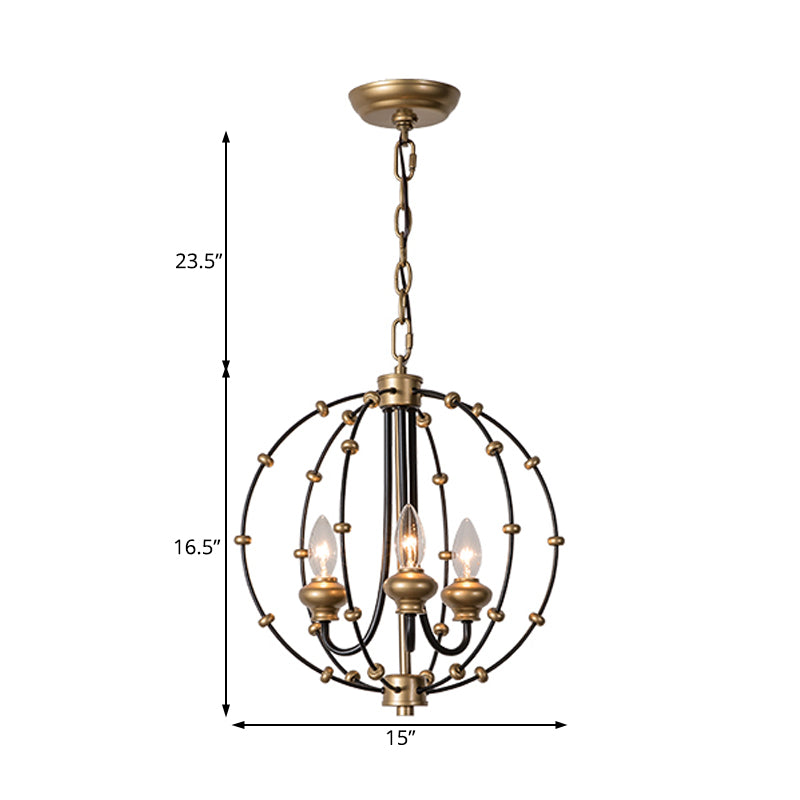 3/5 Bulbs Dining Room Ceiling Lamp Country Black Chandelier Pendant Light with Globe Metal Cage, 15"/19.5" Wide Clearhalo 'Ceiling Lights' 'Chandeliers' Lighting' options 228332