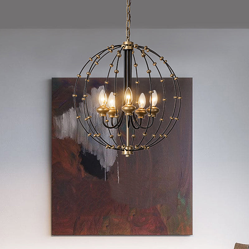 3/5 Bulbs Dining Room Ceiling Lamp Country Black Chandelier Pendant Light with Globe Metal Cage, 15"/19.5" Wide Clearhalo 'Ceiling Lights' 'Chandeliers' Lighting' options 228333