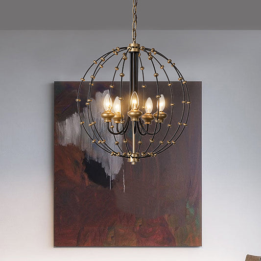 3/5 Bulbs Dining Room Ceiling Lamp Country Black Chandelier Pendant Light with Globe Metal Cage, 15"/19.5" Wide Clearhalo 'Ceiling Lights' 'Chandeliers' Lighting' options 228333