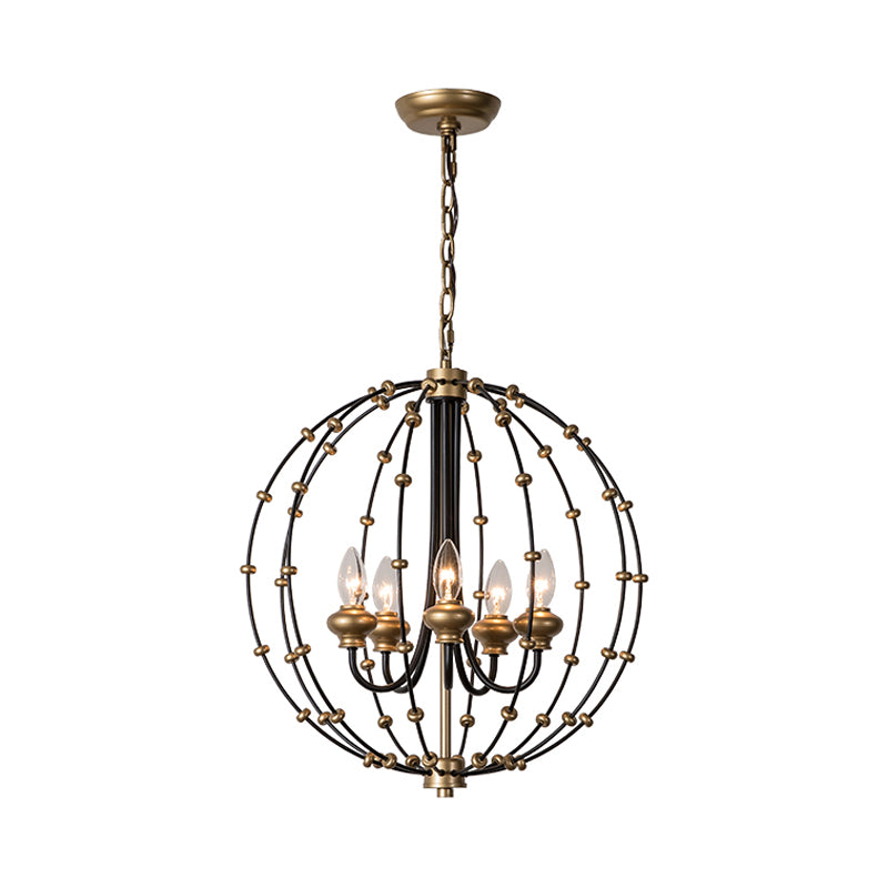 3/5 Bulbs Dining Room Ceiling Lamp Country Black Chandelier Pendant Light with Globe Metal Cage, 15"/19.5" Wide Clearhalo 'Ceiling Lights' 'Chandeliers' Lighting' options 228335