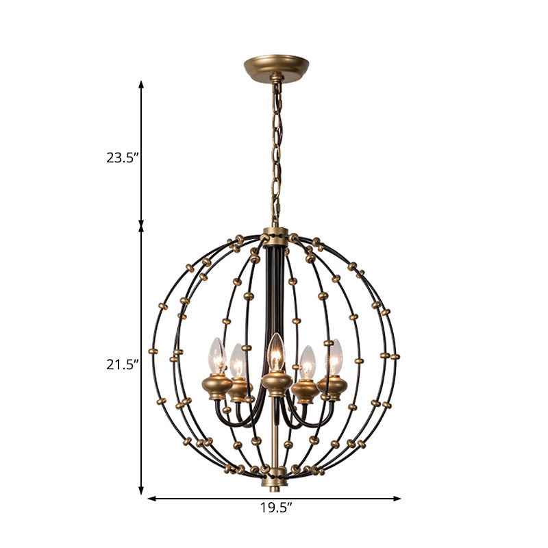 3/5 Bulbs Dining Room Ceiling Lamp Country Black Chandelier Pendant Light with Globe Metal Cage, 15"/19.5" Wide Clearhalo 'Ceiling Lights' 'Chandeliers' Lighting' options 228336