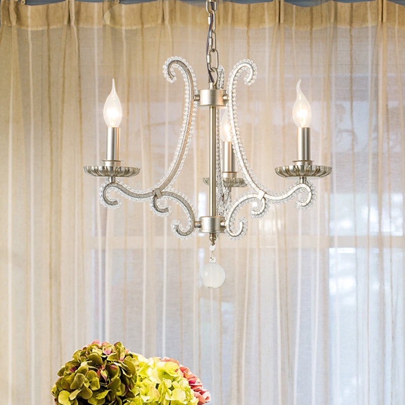 Classic Candelabra Hanging Lamp 3-Light Crystal Beaded Chandelier Light in Nickel Nickel Clearhalo 'Ceiling Lights' 'Chandeliers' Lighting' options 2283381_0c11f1a7-49d3-4b0c-93f7-4af757a66e36