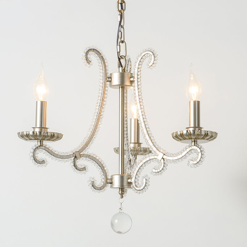 Classic Candelabra Hanging Lamp 3-Light Crystal Beaded Chandelier Light in Nickel Clearhalo 'Ceiling Lights' 'Chandeliers' Lighting' options 2283382