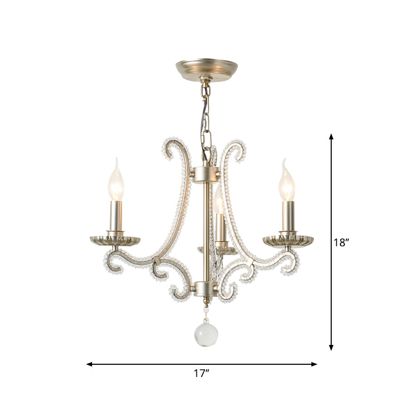 Classic Candelabra Hanging Lamp 3-Light Crystal Beaded Chandelier Light in Nickel Clearhalo 'Ceiling Lights' 'Chandeliers' Lighting' options 2283385