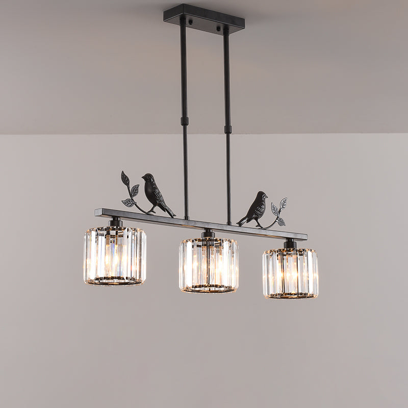Cylindrical Crystal Island Lighting Rustic 3-Head Dining Room Hanging Light with Bird and Leaf Decor Black Clearhalo 'Ceiling Lights' 'Island Lights' Lighting' 2283387