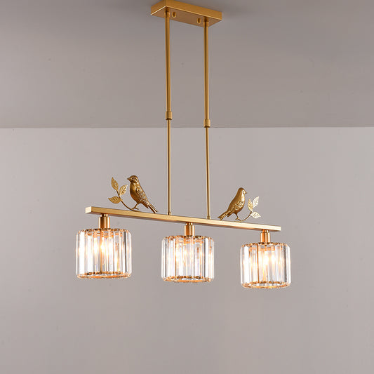 Cylindrical Crystal Island Lighting Rustic 3-Head Dining Room Hanging Light with Bird and Leaf Decor Gold Clearhalo 'Ceiling Lights' 'Island Lights' Lighting' 2283389