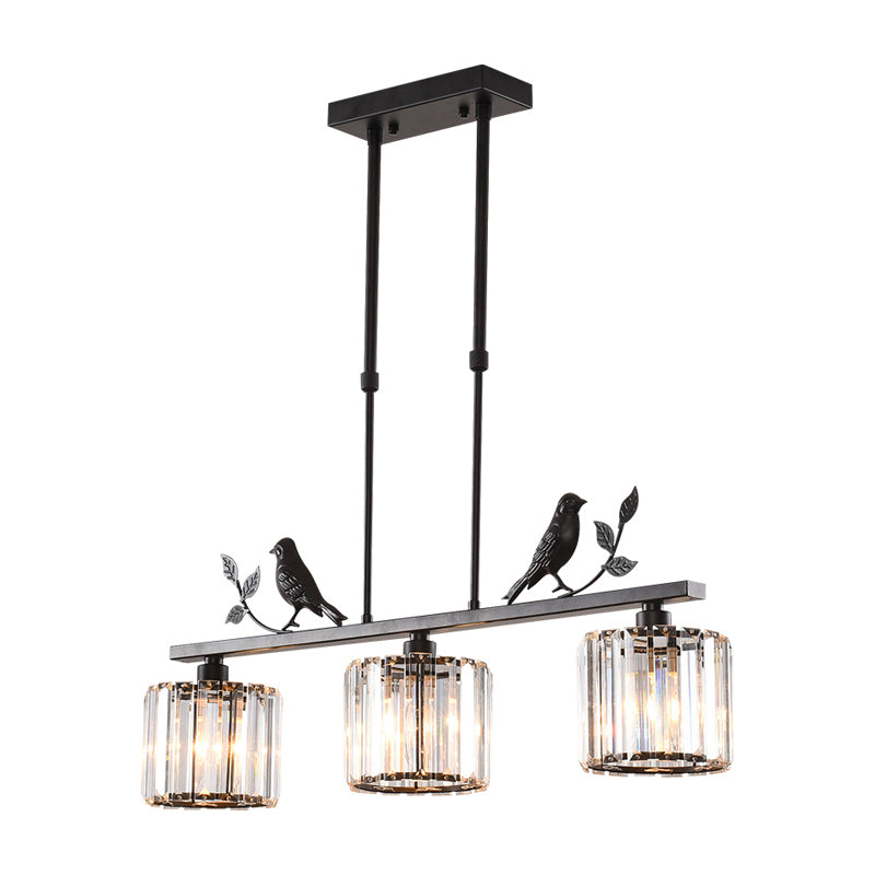 Cylindrical Crystal Island Lighting Rustic 3-Head Dining Room Hanging Light with Bird and Leaf Decor Clearhalo 'Ceiling Lights' 'Island Lights' Lighting' 2283392