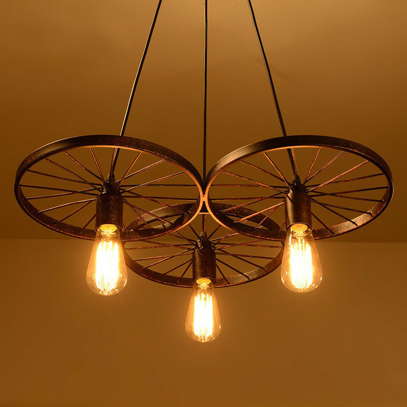 Wheel Ceiling Pendant Light Industrial Style Rust Metal Chandelier for Living Room 3 Rust Clearhalo 'Cast Iron' 'Ceiling Lights' 'Chandeliers' 'Industrial Chandeliers' 'Industrial' 'Metal' 'Middle Century Chandeliers' 'Rustic Chandeliers' 'Tiffany' Lighting' 2283454