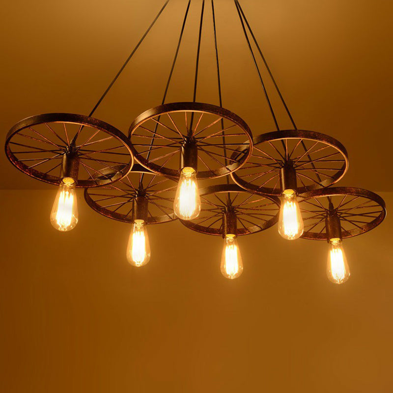 Wheel Ceiling Pendant Light Industrial Style Rust Metal Chandelier for Living Room 6 Rust Clearhalo 'Cast Iron' 'Ceiling Lights' 'Chandeliers' 'Industrial Chandeliers' 'Industrial' 'Metal' 'Middle Century Chandeliers' 'Rustic Chandeliers' 'Tiffany' Lighting' 2283455