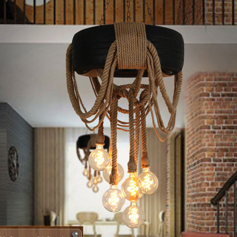Brown 6-Light Chandelier Loft Style Rope Bare Bulb Pendant Lighting with Tyre Decoration Clearhalo 'Ceiling Lights' 'Chandeliers' 'Industrial Chandeliers' 'Industrial' 'Middle Century Chandeliers' 'Tiffany' Lighting' 2283483