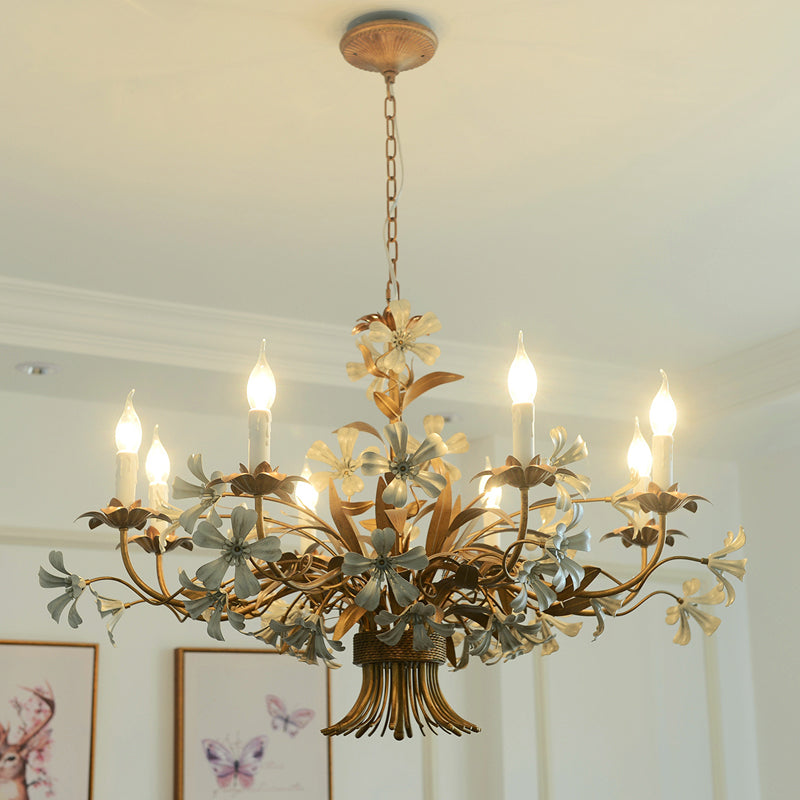 Brass 8 Lights Chandelier Light Traditional Metal Flower Hanging Light Fixture for Living Room Clearhalo 'Ceiling Lights' 'Chandeliers' Lighting' options 228349