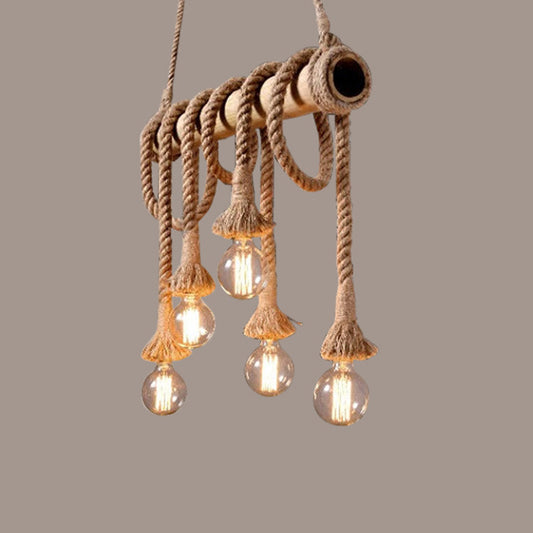 Linear Bar Island Lighting Country Hemp Rope 6 Bulbs Brown Pendant Lighting with Bamboo Stick Clearhalo 'Ceiling Lights' 'Island Lights' Lighting' 2283497