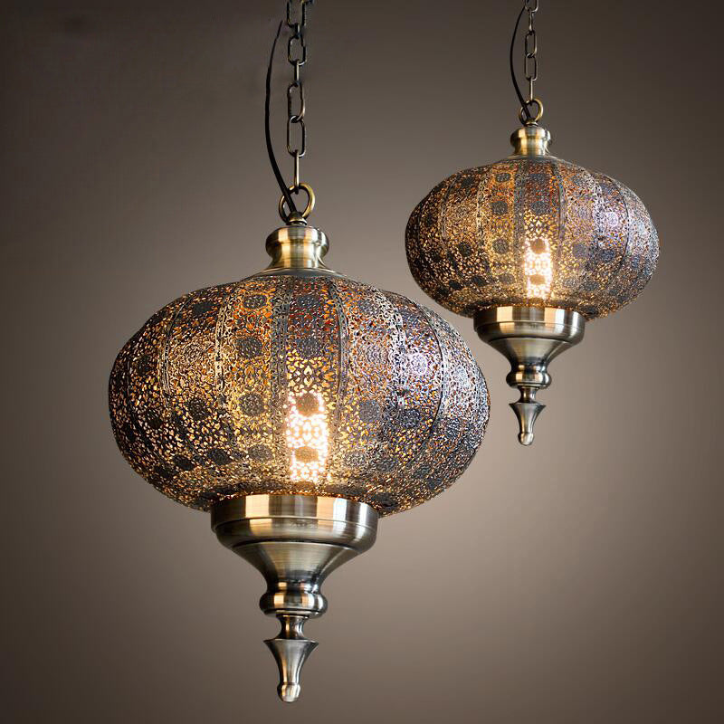 Antique Lantern Pendant Lighting 1 Bulb Metallic Hanging Light in Bronze for Restaurant Clearhalo 'Ceiling Lights' 'Pendant Lights' 'Pendants' Lighting' 2283512