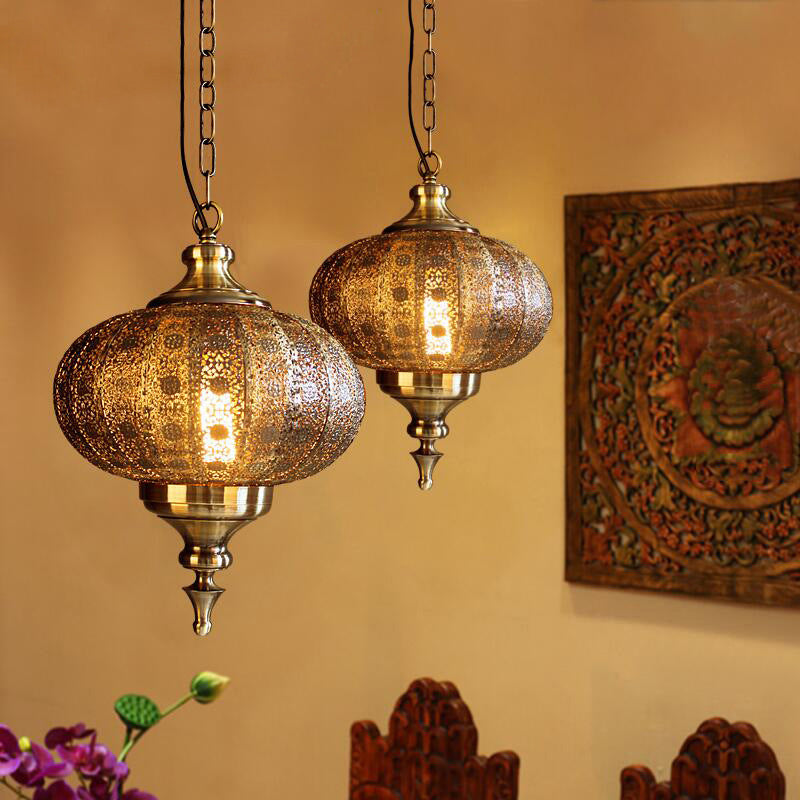 Antique Lantern Pendant Lighting 1 Bulb Metallic Hanging Light in Bronze for Restaurant Clearhalo 'Ceiling Lights' 'Pendant Lights' 'Pendants' Lighting' 2283513