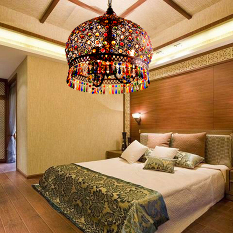 3-Bulb Crystal Bead Pendant Lamp Bohemian Multicolored Hollowed-out Bedroom Ceiling Light Clearhalo 'Ceiling Lights' 'Pendant Lights' 'Pendants' Lighting' 2283524