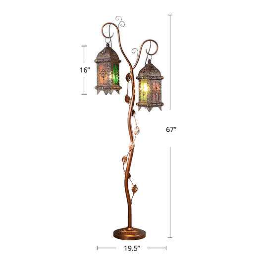 Rustic Lantern Floor Light 2 Bulbs Metal Stand Up Lamp with Ivy Decor in Brown for Living Room Brown Clearhalo 'Floor Lamps' 'Lamps' Lighting' 2283557