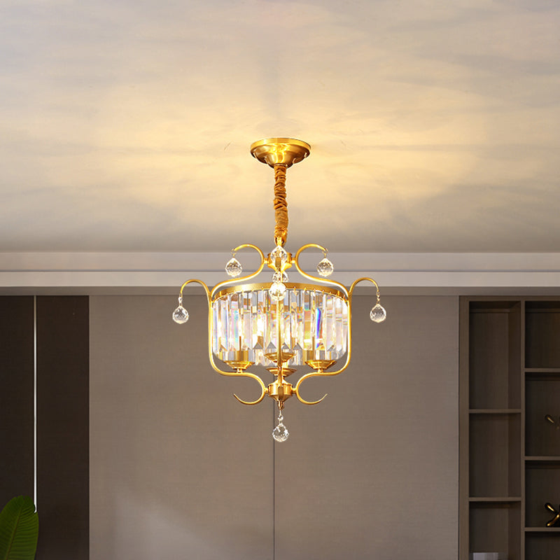 Gold Drum Shaped Suspension Lighting Traditional Crystal 4-Bulb Restaurant Chandelier Light Clearhalo 'Ceiling Lights' 'Chandeliers' Lighting' options 2283582