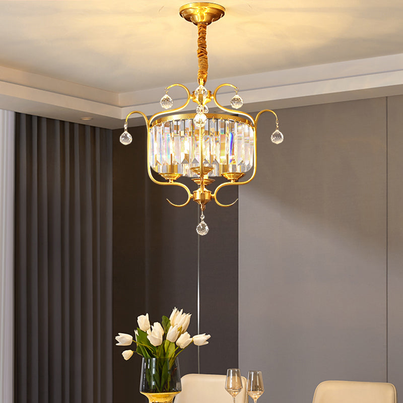 Gold Drum Shaped Suspension Lighting Traditional Crystal 4-Bulb Restaurant Chandelier Light Clearhalo 'Ceiling Lights' 'Chandeliers' Lighting' options 2283583