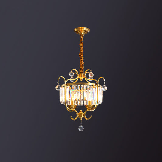 Gold Drum Shaped Suspension Lighting Traditional Crystal 4-Bulb Restaurant Chandelier Light Clearhalo 'Ceiling Lights' 'Chandeliers' Lighting' options 2283584