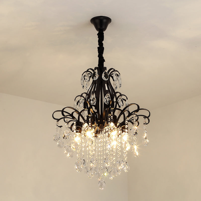 Crystal Teardrop Hanging Lamp Rustic Dining Room Pendant Chandelier with Decorative Swirls Black Medium Clearhalo 'Ceiling Lights' 'Chandeliers' Lighting' options 2283595_225a8db5-c759-4ef5-950b-b8e309242d4c