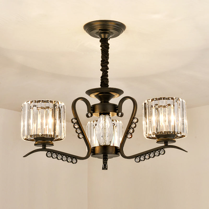 Minimalist Cylindrical Chandelier Tri-Sided Crystal Rod Hanging Light Fixture in Black Clearhalo 'Ceiling Lights' 'Chandeliers' Lighting' options 2283610