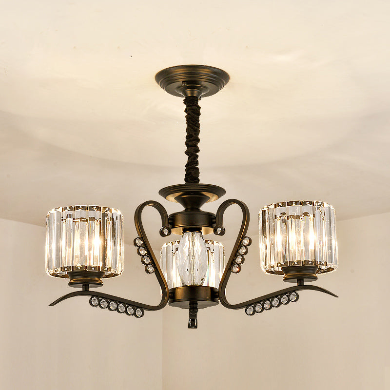 Minimalist Cylindrical Chandelier Tri-Sided Crystal Rod Hanging Light Fixture in Black 3 Black Third Gear Clearhalo 'Ceiling Lights' 'Chandeliers' Lighting' options 2283613_e01e3695-8132-46fc-bf6d-683c6a0ecc8b