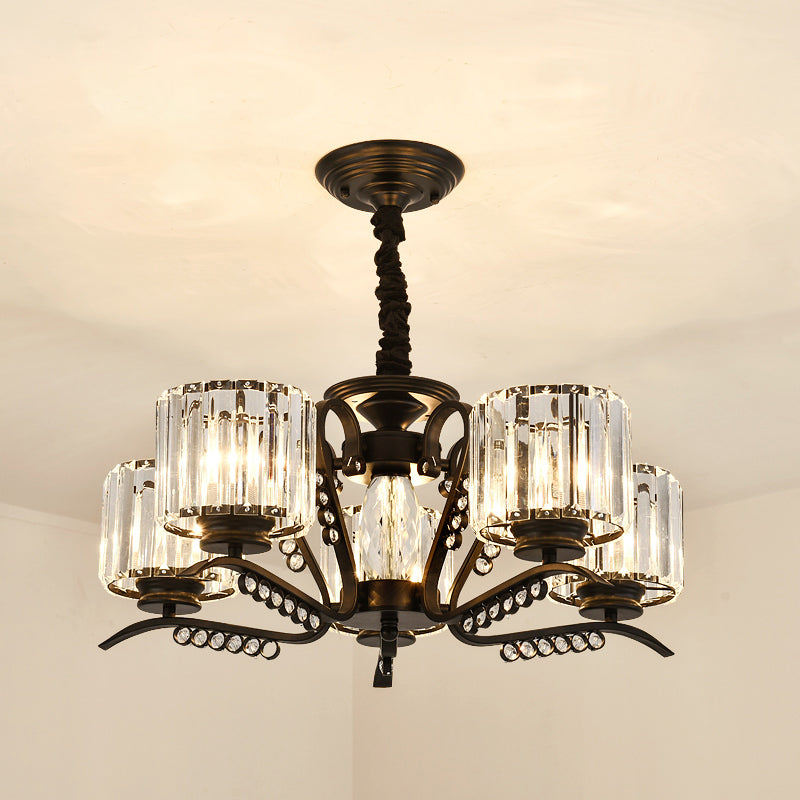 Minimalist Cylindrical Chandelier Tri-Sided Crystal Rod Hanging Light Fixture in Black 5 Black Warm Clearhalo 'Ceiling Lights' 'Chandeliers' Lighting' options 2283615_98dfc27b-2053-4715-a35b-c14eb2f30ae0