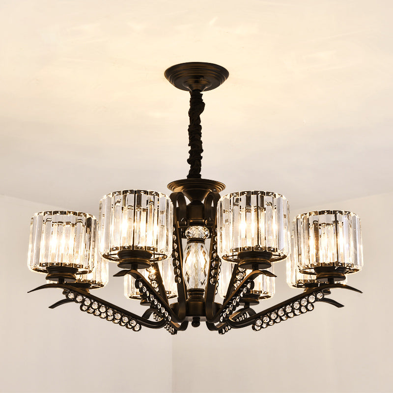 Minimalist Cylindrical Chandelier Tri-Sided Crystal Rod Hanging Light Fixture in Black Clearhalo 'Ceiling Lights' 'Chandeliers' Lighting' options 2283618