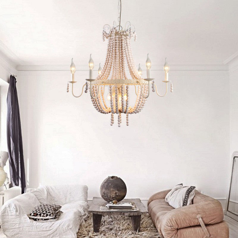 Empire Wood Strand Chandelier Light Rustic 9 Lights Dining Room Pendant Ceiling Light in White White Clearhalo 'Ceiling Lights' 'Chandeliers' Lighting' options 228366_21518e6a-d941-467e-942d-7d3b1a50f52c