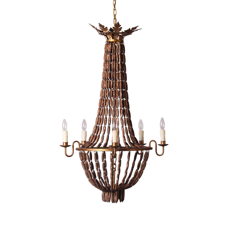 Empire Living Room Chandelier Lighting Vintage Wood 5 Lights Red Brown Pendant Light Clearhalo 'Ceiling Lights' 'Chandeliers' Lighting' options 228372