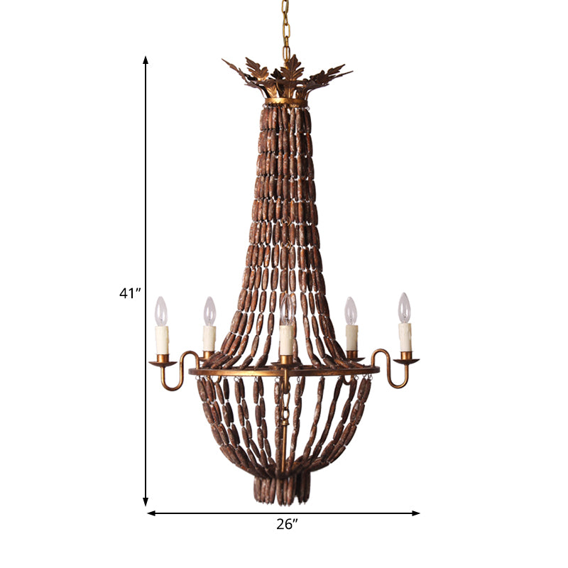 Empire Living Room Chandelier Lighting Vintage Wood 5 Lights Red Brown Pendant Light Clearhalo 'Ceiling Lights' 'Chandeliers' Lighting' options 228373