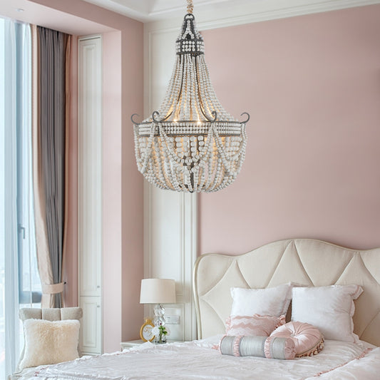 3 Lights Chandelier Light with Empire Shape Wood Strand Bedroom Ceiling Light in White Clearhalo 'Ceiling Lights' 'Chandeliers' Lighting' options 228374