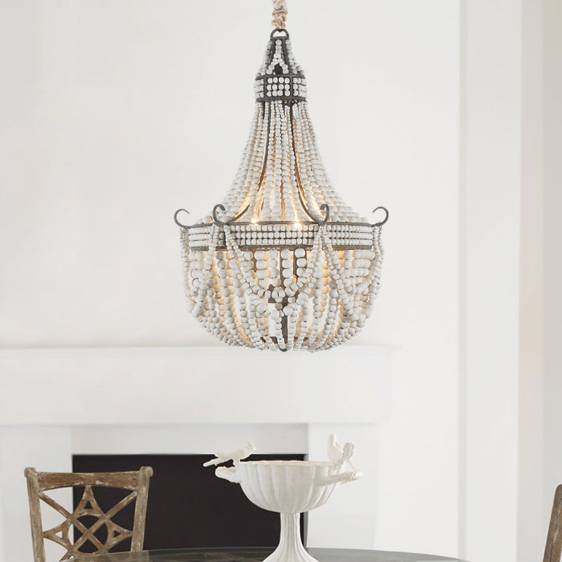 3 Lights Chandelier Light with Empire Shape Wood Strand Bedroom Ceiling Light in White Clearhalo 'Ceiling Lights' 'Chandeliers' Lighting' options 228375