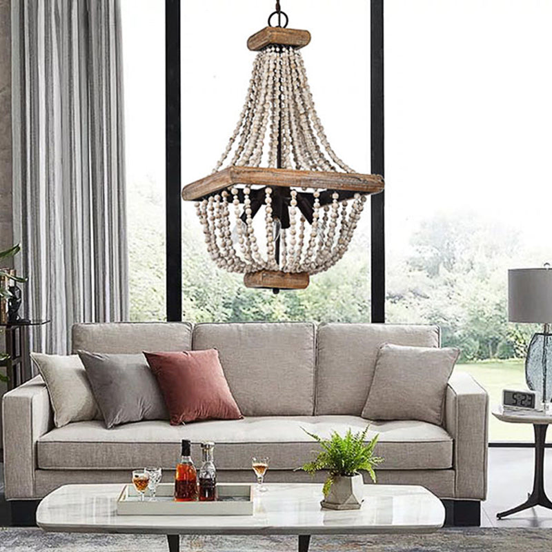 Empire Shape Living Room Chandelier Traditional Wooden Strand 4 Lights Dark Wood Hanging Lamp Clearhalo 'Ceiling Lights' 'Chandeliers' Lighting' options 228379