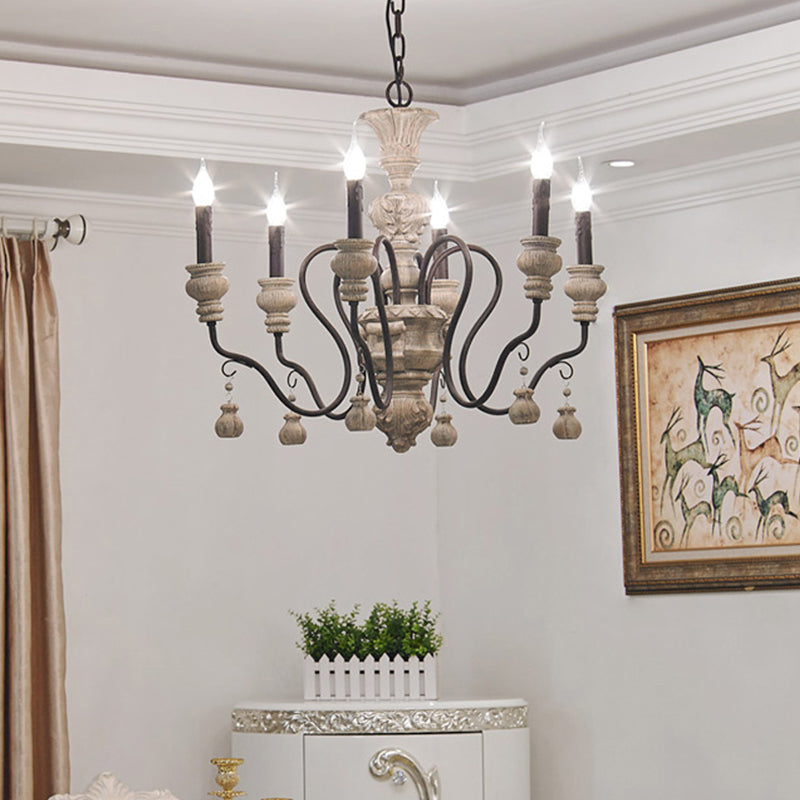 Gray Candelabra Hanging Light Traditional Wood 6 Lights Living Room Chandelier Light Clearhalo 'Ceiling Lights' 'Chandeliers' Lighting' options 228384