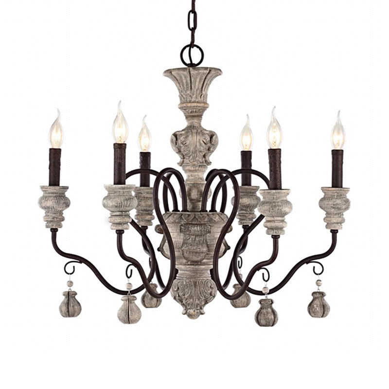 Gray Candelabra Hanging Light Traditional Wood 6 Lights Living Room Chandelier Light Clearhalo 'Ceiling Lights' 'Chandeliers' Lighting' options 228385