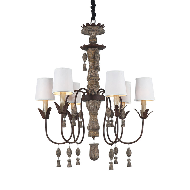Tapered Fabric Chandelier Lamp Vintage 6 Lights Bedroom Hanging Light Fixture in Black with Wood Drop Clearhalo 'Ceiling Lights' 'Chandeliers' Lighting' options 228390