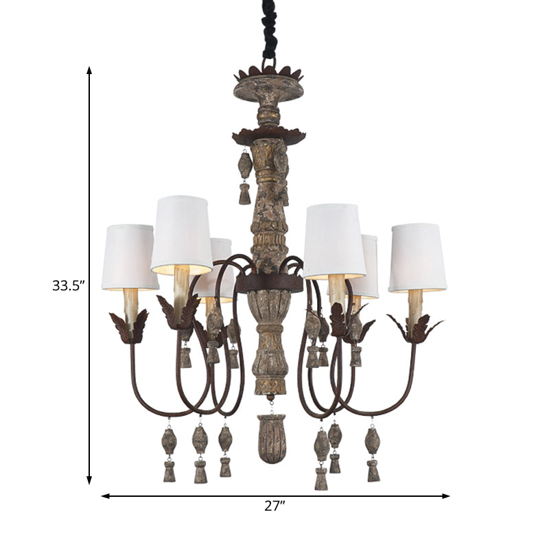 Tapered Fabric Chandelier Lamp Vintage 6 Lights Bedroom Hanging Light Fixture in Black with Wood Drop Clearhalo 'Ceiling Lights' 'Chandeliers' Lighting' options 228391