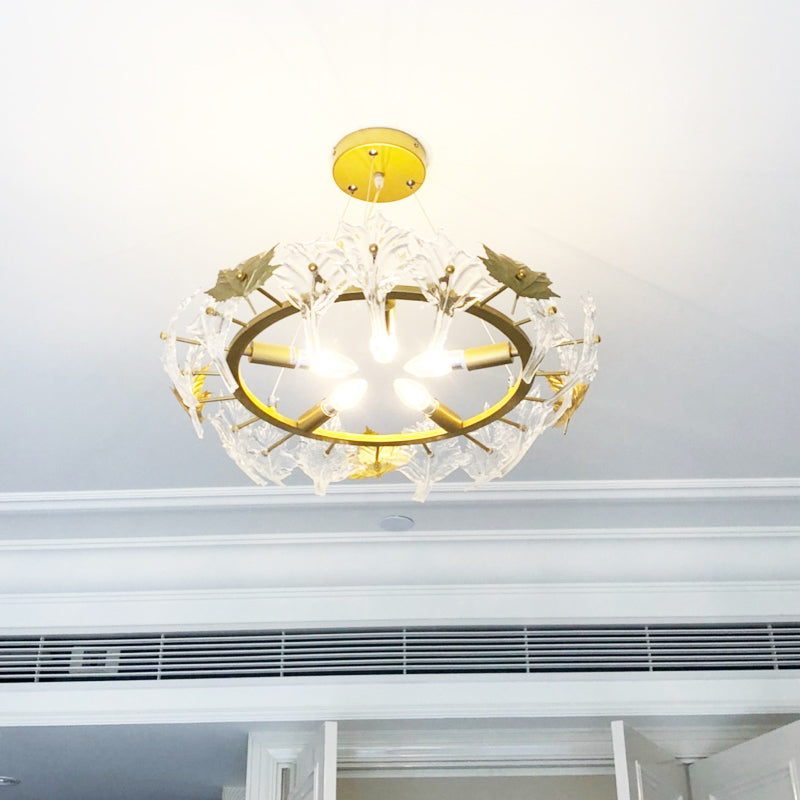5 Lights Chandelier Light with Maple Crystal Colonial Living Room Hanging Light Fixture with Gold Ring Clearhalo 'Ceiling Lights' 'Chandeliers' Lighting' options 228402