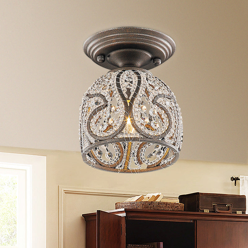 Dome Corridor Semi Flush Mount Light Rustic Crystal and Metal 1 Light Bronze Ceiling Light Clearhalo 'Ceiling Lights' 'Close To Ceiling Lights' 'Close to ceiling' 'Flush mount' Lighting' 228442