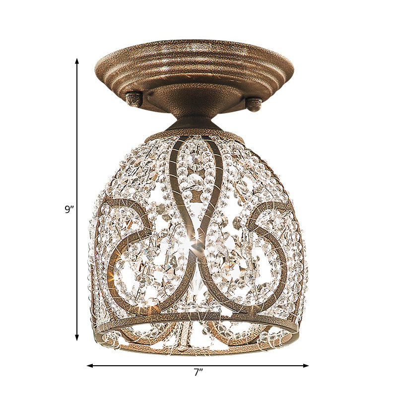 Dome Corridor Semi Flush Mount Light Rustic Crystal and Metal 1 Light Bronze Ceiling Light Clearhalo 'Ceiling Lights' 'Close To Ceiling Lights' 'Close to ceiling' 'Flush mount' Lighting' 228444