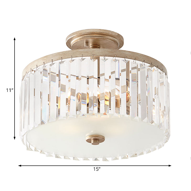 3 Lights Clear Crystal Block Ceiling Light Vintage Drum Bedroom Semi Flush Mounted Light Clearhalo 'Ceiling Lights' 'Chandeliers' 'Close To Ceiling Lights' 'Close to ceiling' 'Glass shade' 'Glass' 'Semi-flushmount' Lighting' 228448